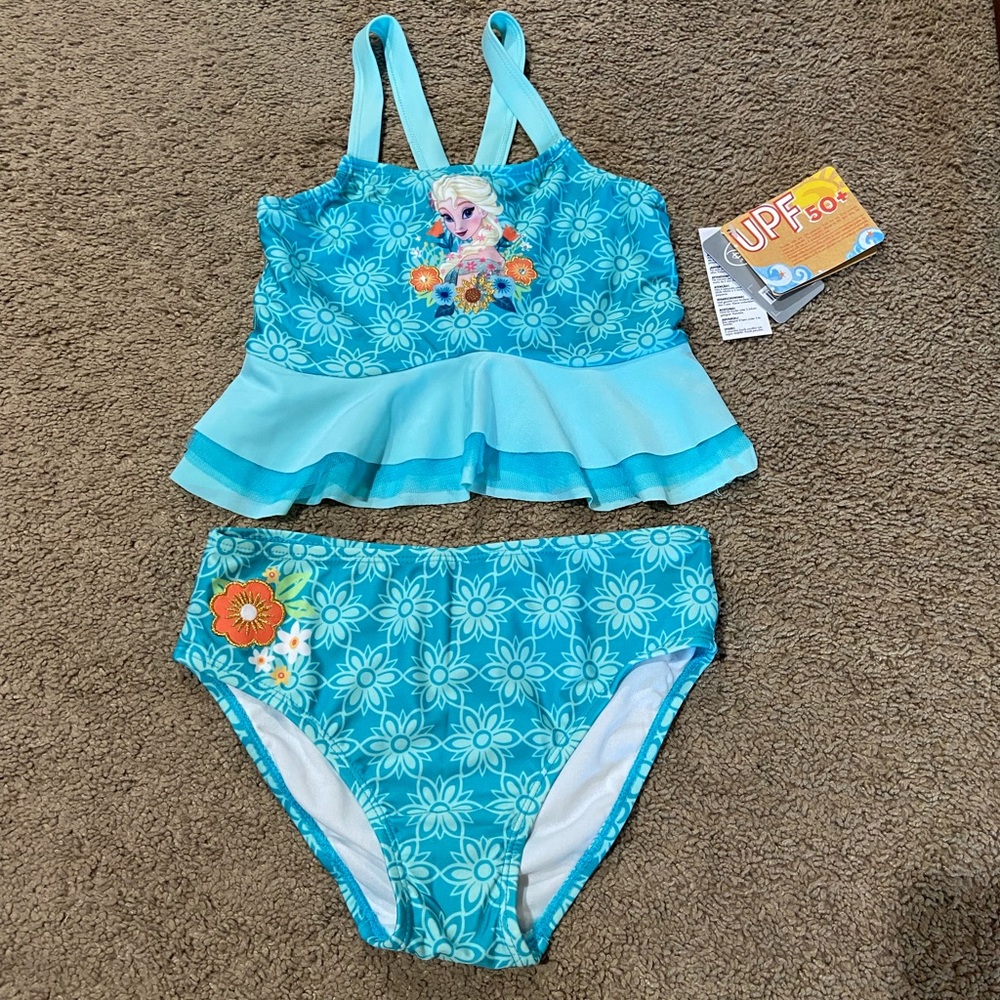 Disney Store Frozen Elsa Floral Tankini 2 PC Swimsuit UPF 50+Girl Size 9/10 NWT